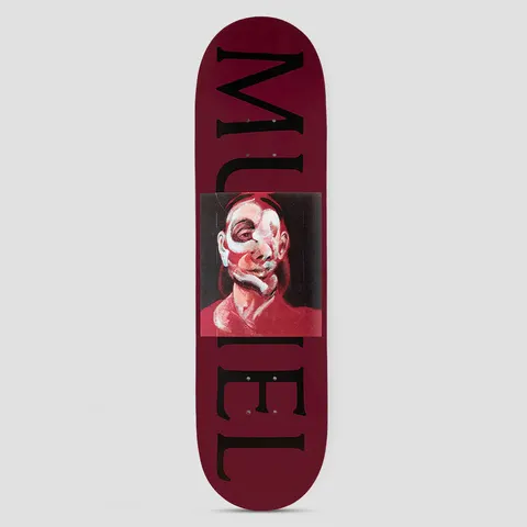 Thames MMXX Thames 8.25 Muriel skateboard deck: Burgundy deck with large black serif letters MURIEL running down the board, interrupted by a square painted portrait in reds and whites with a smeared, distorted face.
