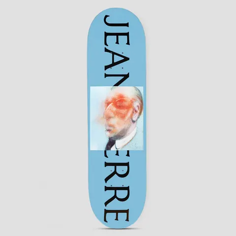 Thames MMXX Thames 8.5 Jean-Pierre skateboard deck: Light blue deck with large black serif letters running down the deck, partly covered by a square blurred painted portrait of a man in a suit with orange smudged face.