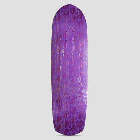 Thames MMXX Thames 8.75 Conq skateboard deck: Shaped deck with a purple stained top and a repeating interlocking pattern in darker purple. Silver foil script lettering near the tail, partly illegible.