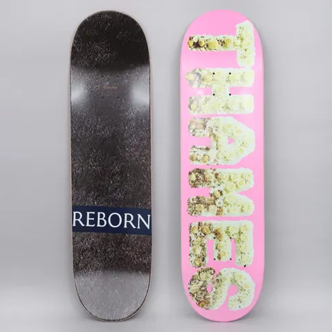 Thames MMXX Thames 8.375 Reborn Hubba Bubba Pink skateboard deck: Large vertical block letters spelling THAMES, filled with a photograph of white and cream roses, on a flat pink ground. The bottom side has a navy REBORN banner across a black speckled surface.