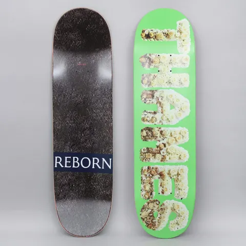 Thames MMXX Thames 8.5 Reborn Haribo Green skateboard deck: Bright green deck with the brand name running lengthways in letters made from cream and white roses and flowers, some of them dried and browning. The underside is a dark textured black with a navy band reading Reborn.