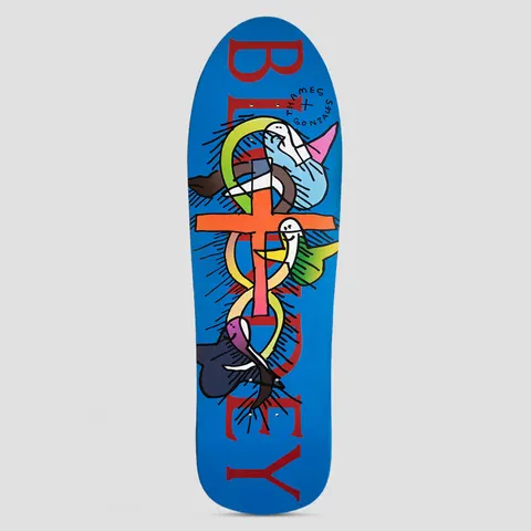 Thames MMXX Thames 9.78 Blondey Pro skateboard deck: Colourful cartoon of a cross entwined with snakes and white ghost-like figures in pink and blue hats, under large red letters spelling BLONDEY running down a blue shaped deck.