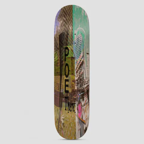 There Poe Free Thinker TF Multi skateboard deck: Overlapping photographic collage of city skyscrapers, street scenes and grass in washed greens, browns and teal, with vertical black POE lettering and the There wordmark.