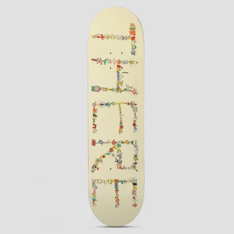 There Team Detritus Beige skateboard deck: Cream deck with the brand name spelt out lengthways in letters built from tiny hand-drawn objects, figures, plants and doodles in many colours, like a collage of found items.