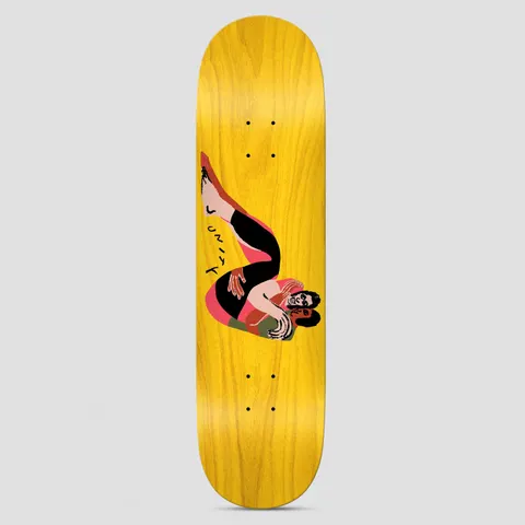There Unity With You skateboard deck: Flat, naive illustration of two intertwined figures in black, pink and green lying diagonally, one with a raised leg and one grinning face, with handwritten 'Unity' lettering, on a bare yellow-stained wood deck.