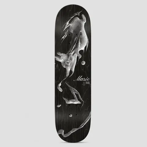 There Marie Delivery skateboard deck: Stippled white drawing of swirling ghostly forms or figures, like smoke or fabric, scattered on a black deck. 'Marie' in white script with a small brand mark beside it.