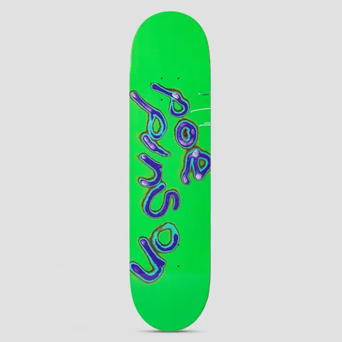 There Poe Tele Green skateboard deck: Bright green deck with a large wobbly hand-drawn name in blue and purple blobby letters with a glowing outline, set at an angle along the board and reading upside down.
