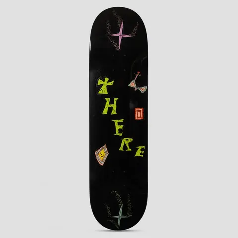 There Team Moth Black skateboard deck: Black deck with THERE in wobbly lime green hand-drawn letters, scattered with small folk-art style shapes: a moth, a smiling diamond, a red rectangle and pink and green four-pointed stars at the ends.