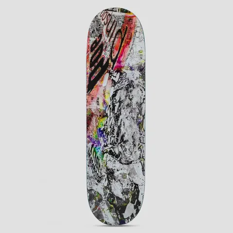 There Poe Pinson Digital Bruise True Fit skateboard deck: Chaotic digital collage of glitchy, overlaid black and white textures with streaks of pink, orange, yellow and rainbow colour, with black brush lettering near the top and fragments of text lower down.