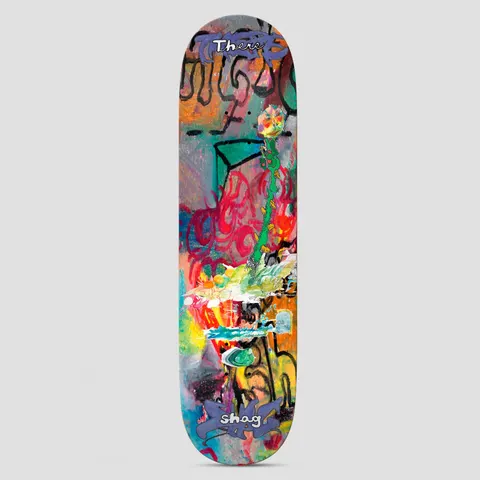 There Shag Gutter Bud Multi skateboard deck: Painterly, graffiti-like abstract of thick black outlines, red swirls and bright patches, with a green stem topped by a colourful bud. Purple lettering reads There at the top and shag at the bottom.