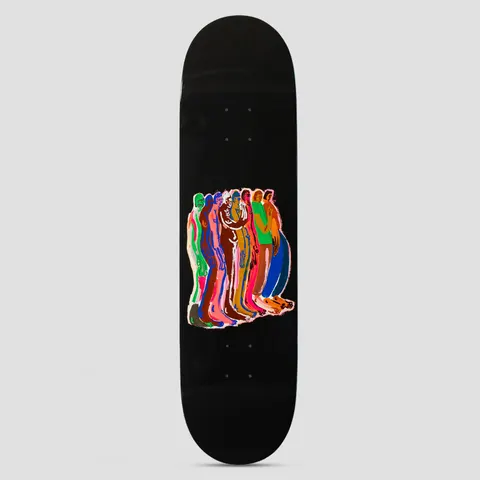 There Team Free In The Night Black skateboard deck: Group of tall, outlined figures standing in a line in loose, scribbly drawn style, each filled with different bright colours, on a black deck.