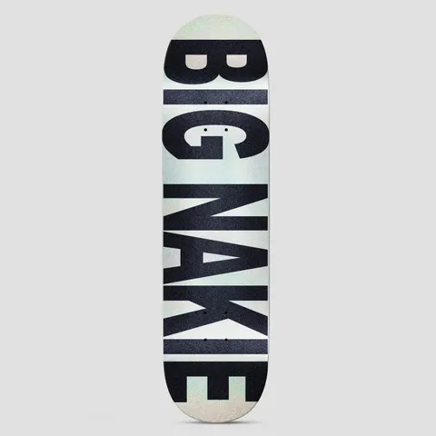 There Chandler Big Nakie White skateboard deck: Huge black condensed capital letters spelling BIG NAKIE run the full length of a pearly white iridescent deck, with the letters cropped at the edges.