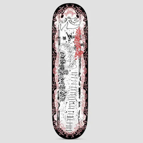 There Chandler Red Velvet White / Red skateboard deck: White deck with a heavy black border containing red and white ornate scrollwork, enclosing a dense mass of black, red and white calligraphy, graffiti-style tags and Japanese-style characters, with a ladder-like stripe down the middle.