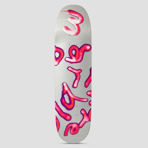 There Marbie Soupy Pink skateboard deck: Wobbly, spray-painted style pink, red and purple outlined lettering scattered across a metallic silver deck, with a white curled mark with drips near the top.