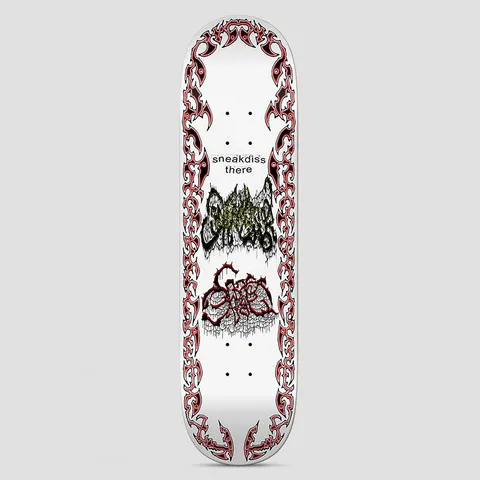There Team Sneakdiss Battle Ship White skateboard deck: White deck framed by a red tribal-style spiky border, with two metal-style dripping logos in the middle (olive and red) and the words sneakdiss there above them.