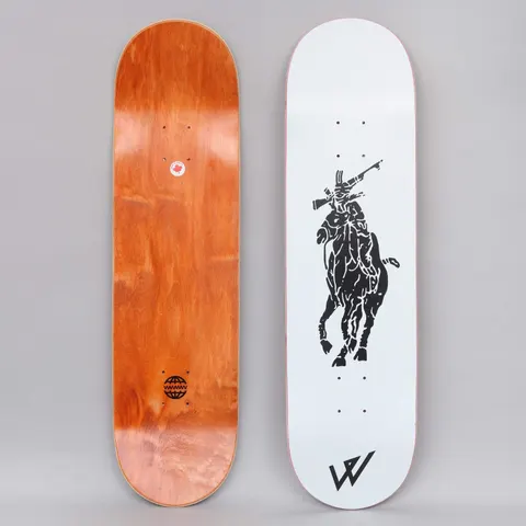 Wayward Wolo White skateboard deck: Both sides shown. A black ink-style horse and rider in a polo-logo pose, the rider carrying a rifle over the shoulder, on a white deck with a small black W mark at the tail. The underside is orange-stained with a globe logo.