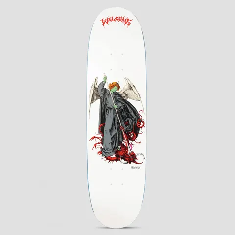 Welcome Spear Nick Garcia White / Red skateboard deck: A winged angel in a grey cloak with a green face and orange hair spears a red dragon at its feet, in an old engraving style, on a white deck. A red gothic Welcome logo is at the nose.