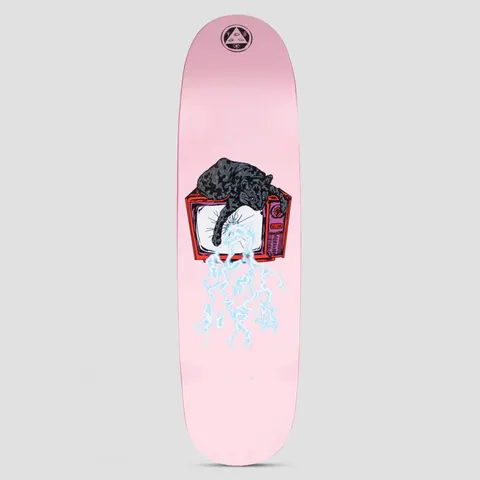 Welcome Static Nora Pink skateboard deck: A black panther lying on top of a red old television with a cracked screen, with pale blue lightning bolts streaking down from the screen, on a pink deck. A black Welcome sigil sits at the nose.