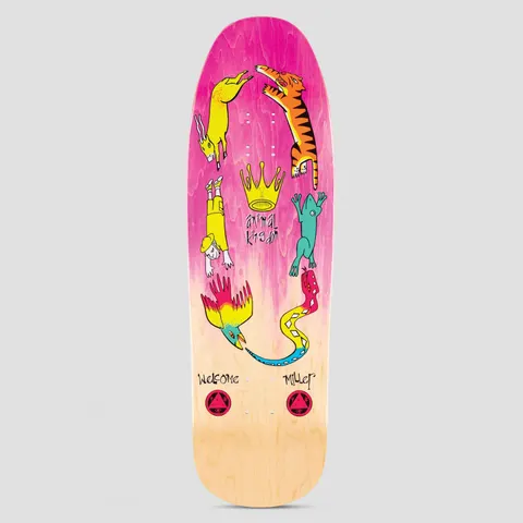 Welcome Animal Kingdom Chris Miller Pink / Natural Stain skateboard deck: Retro-shaped deck with a pink-to-natural stain. Animals and a person tumble in a ring around a gold crown: a goat, tiger, frog, snake, parrot and a figure in yellow. Welcome and Miller are lettered at the bottom.