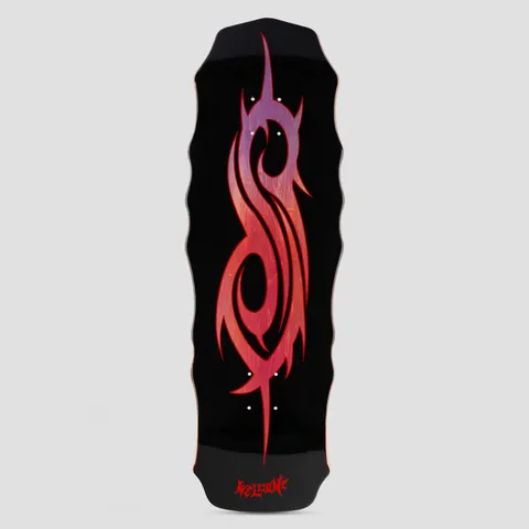 Welcome X Slipknot 10.0 Tribal S Purple / Red Stain skateboard deck: Black shaped deck with a large tribal 'S' symbol stained in a purple-to-red gradient. A small red Welcome logo sits at the tail. Scalloped sides.