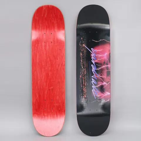 Yardsale Control Black / Red skateboard deck: Black deck with a large pink-red glowing sphere crossed by white lightning bolts, specks of red along one side and a purple handwritten-style logo across the centre. Red-stained underside shown alongside.