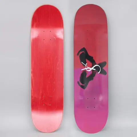 Yardsale Utopia Ruby skateboard deck: Black silhouetted figures in twisting poses, one clasped by a white looping YS monogram, on a deck split between deep red and magenta.