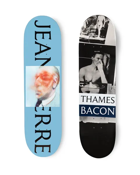 Thames MMXX Jean - Pierre skateboard deck: Black and white collage of a bare-chested man with a hand raised to his face, a nude figure above and a safety pin below, with a white and navy 'Thames Bacon' label. The other side shows a blurred orange portrait on pale blue.