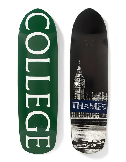 Thames MMXX College Board skateboard deck: Shaped cruiser-style deck with COLLEGE in huge white serif capitals on a dark green top. The other deck shows a black and white photo of Big Ben and the Houses of Parliament across the river, with THAMES on a navy band.