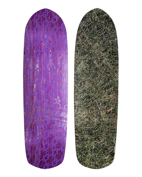 Thames MMXX Conq skateboard deck: Purple stained old-school shaped deck printed with a repeating cross-shaped geometric lattice in silver, plus fine silver script lettering and a small cross near the tail. The reverse shows a photograph of dry grass.