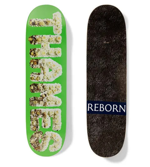 Thames MMXX Reborn Haribo skateboard deck: Bright green deck with the word THAMES running down the board in large letters made from photographed white and cream roses, in the manner of a funeral floral tribute.