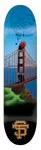 Think Golden Skate Bridge skateboard deck: Airbrushed-style painting of the Golden Gate Bridge's red-orange tower against blue sky and water, with green headland in the foreground and a stylised 'SF' monogram at the tail. Image is small and low-resolution.
