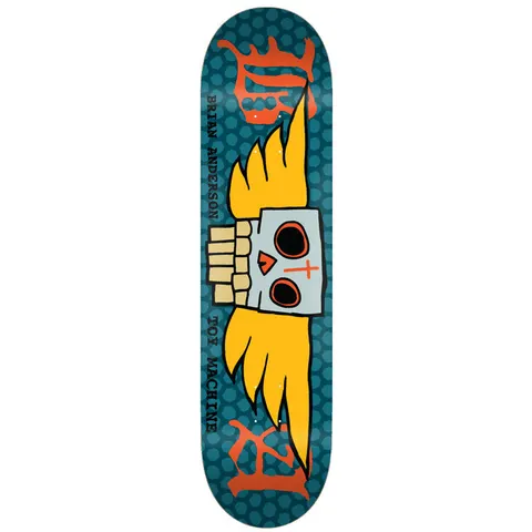 Toy Machine Brian Anderson Bad Ass 8.50 skateboard deck: Cartoon winged skull with yellow flames for wings and a pale blue face with a cross on one eye, on a teal honeycomb pattern. Orange blackletter initials at each end and rider name running up the board.