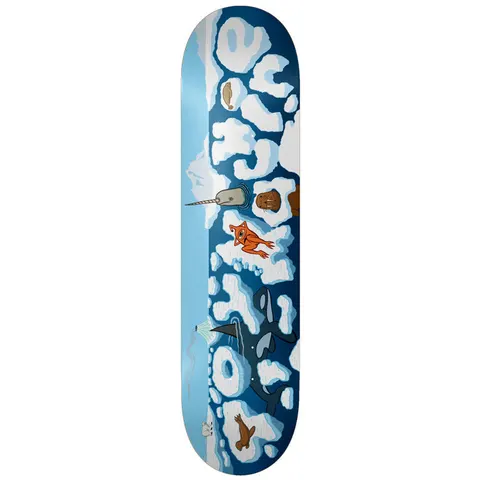 Toy Machine Arctic 8.50 skateboard deck: An arctic scene in blue with ice-floe lettering spelling out the brand, surrounded by a narwhal, walrus, orange fox-like monster, orca, seals and a polar bear.