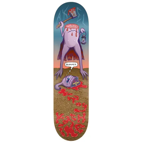 Toy Machine Axel Cruysberghs Bummer 8.38 skateboard deck: A headless purple creature holding a bloodied axe and a lantern, looking down at its severed one-eyed head lying in a pool of blood, with a speech bubble saying Bummer, against a dusk sky and wood-grain ground.