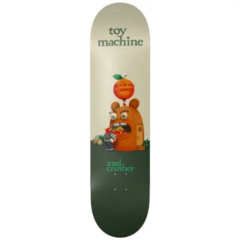 Toy Machine Axel Cruysberghs Roadside 8.00 skateboard deck: Illustration of a roadside stall shaped like a big orange hamster or mouse face, topped by a blood orange sign, with a small Toy Machine devil figure standing in front. Cream upper half, dark green lower half.