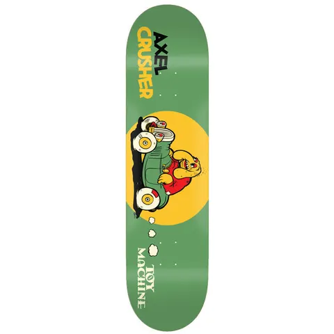 Toy Machine Axel Cruysberghs Toons 8.25 skateboard deck: A cartoon yellow figure in a red top driving a green car with large white eyeball wheels, in front of a yellow circle on a green deck, with Axel Crusher lettering at the top and Toy Machine at the bottom.
