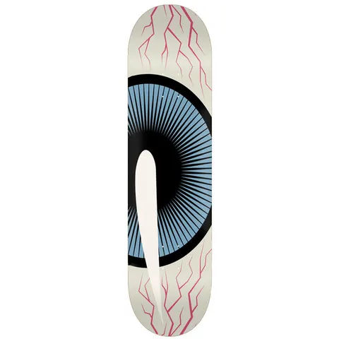 Toy Machine Big Eyeball 8.13 skateboard deck: Oversized bloodshot eyeball filling the deck, with a pale cream white, red veins, a blue radiating iris and a black outline, and a large cream slit pupil on the left.