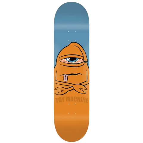 Toy Machine Bored Sect 8.25 skateboard deck: Orange one-eyed Sect monster with a bloodshot blue eye and tongue hanging out, arms crossed, in front of a blue backdrop. Toy Machine name in tone-on-tone lettering at the base.