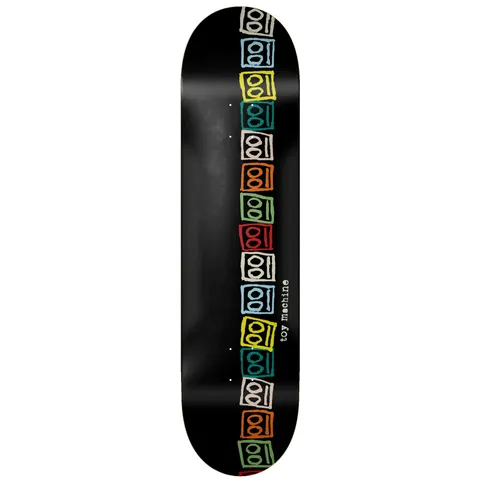 Toy Machine Bots 8.50 skateboard deck: Vertical column of hand-drawn robot-face squares in cream, light blue, yellow, teal, orange, green and red outlines, stacked down the left of a plain black deck. 'toy machine' in small white lowercase text beside them.