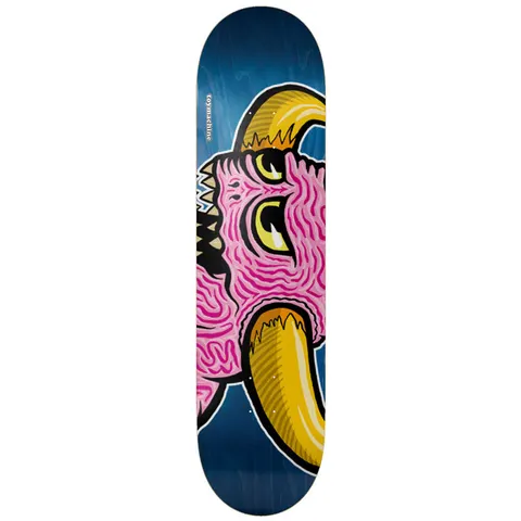 Toy Machine Brain Monster 8.25 skateboard deck: Pink furry one-eyed-looking monster head in profile with a toothy open mouth, yellow eyes and large golden curved horns, outlined in white on a blue wood-stained deck. Toymachine in small white lettering.