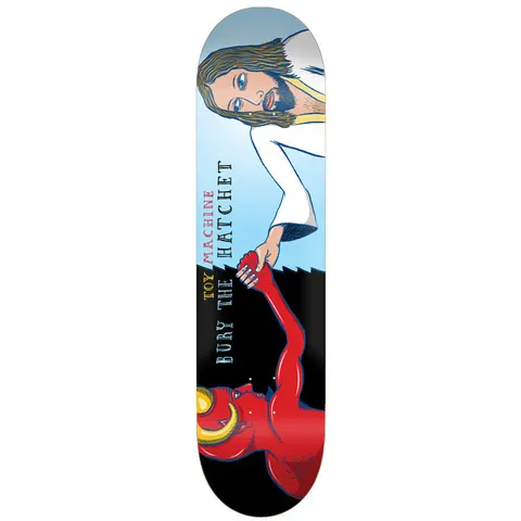 Toy Machine Bury The Hatchet Sym 8.25 skateboard deck: Split design: a long-haired bearded man in white robes on a pale blue sky half shakes hands with a red horned devil on a black half, with Toy Machine Bury the Hatchet lettering along the join.