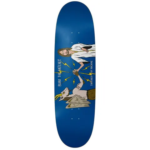 Toy Machine X Thrasher Bury The Hatchet 8.88 skateboard deck: Cartoon of a robed, long-haired bearded man shaking hands with a horned goat-headed figure in a suit, yellow lightning bolts around the clasped hands, on a blue shaped deck. Bury the Hatchet and Thrasher x Toy Machine text.