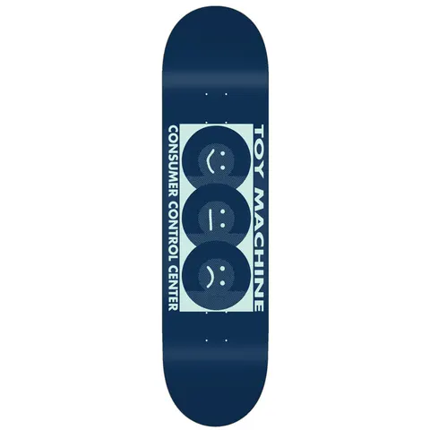 Toy Machine Ccc Blue 7.50 skateboard deck: Navy deck with a pale mint rectangle holding three stacked dark smiley faces, one smiling, one flat, one frowning, in halftone shading. Vertical logo text runs along both sides of the panel.