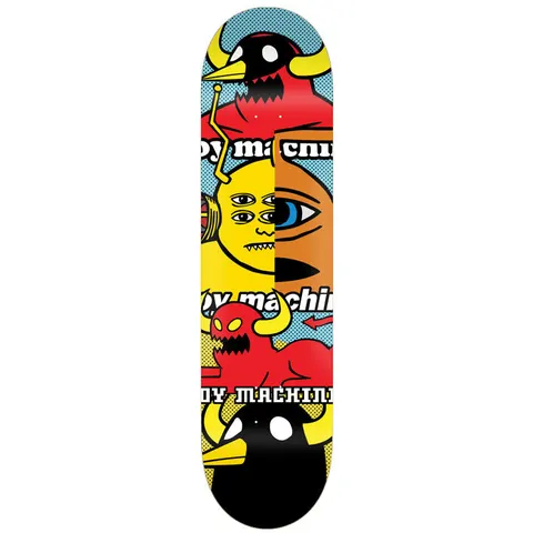Toy Machine Chopped Up II 8.13 skateboard deck: Comic-style collage of cut-up Toy Machine characters, including a black horned bird head, a yellow multi-eyed face joined to a half-orange eyeball, and a red horned devil, on a halftone blue background. Toy Machine lettering repeats three times.