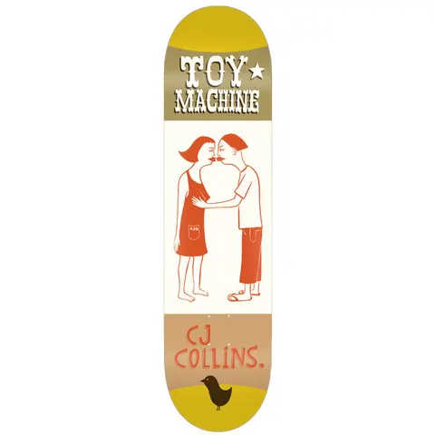 Toy Machine Cj Collins Kilgallen 8.13 skateboard deck: Line illustration of a girl and boy in orange and white touching noses, set on a cream panel between tan bands. Toy Machine logo in ornate lettering at the top, name and a small black bird at the bottom.