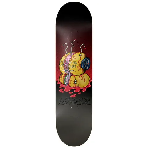 Toy Machine Cj Collins Split 8.50 skateboard deck: Yellow multi-eyed creature with an exposed pink brain and an open toothy mouth, antennae and a dial on its head, bleeding red onto a deck split red-to-black. CJ Collins Toy Machine lettered below.