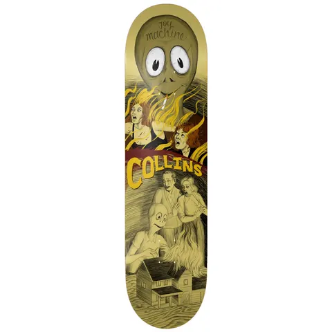 Toy Machine Cj Collins Horror Show 8.13 skateboard deck: A sepia, horror-comic style illustration: a giant bug-eyed Toy Machine monster head smoking a cigarette looms over screaming women in flames, with a terrified couple and a skull-faced figure by a house below.