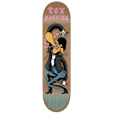 Toy Machine Cj Collins / Stevie Gee 8.25 skateboard deck: A cartoon greaser with a huge quiff and long nose, in a leather jacket and jeans, holds a dagger while smoking, with a black arm curling overhead. Bubble lettering at top and bottom on a brown deck.