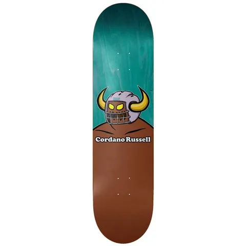 Toy Machine Cordano Russell Holy Spirit 8.50 skateboard deck: The Toy Machine monster with yellow glowing eyes and gold horns wearing a grey American football helmet, on a teal stained top over a brown body, with the name Cordano Russell in white lettering.