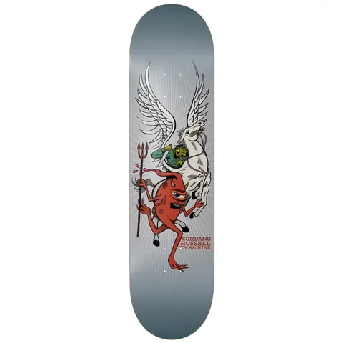 Toy Machine Cordano Russell Pegasus 8.00 skateboard deck: A red one-eyed devil with a trident rides a white winged horse, carrying a small green figure, on a grey-blue deck with faint radiating lines. Rider and brand name in red at the bottom.